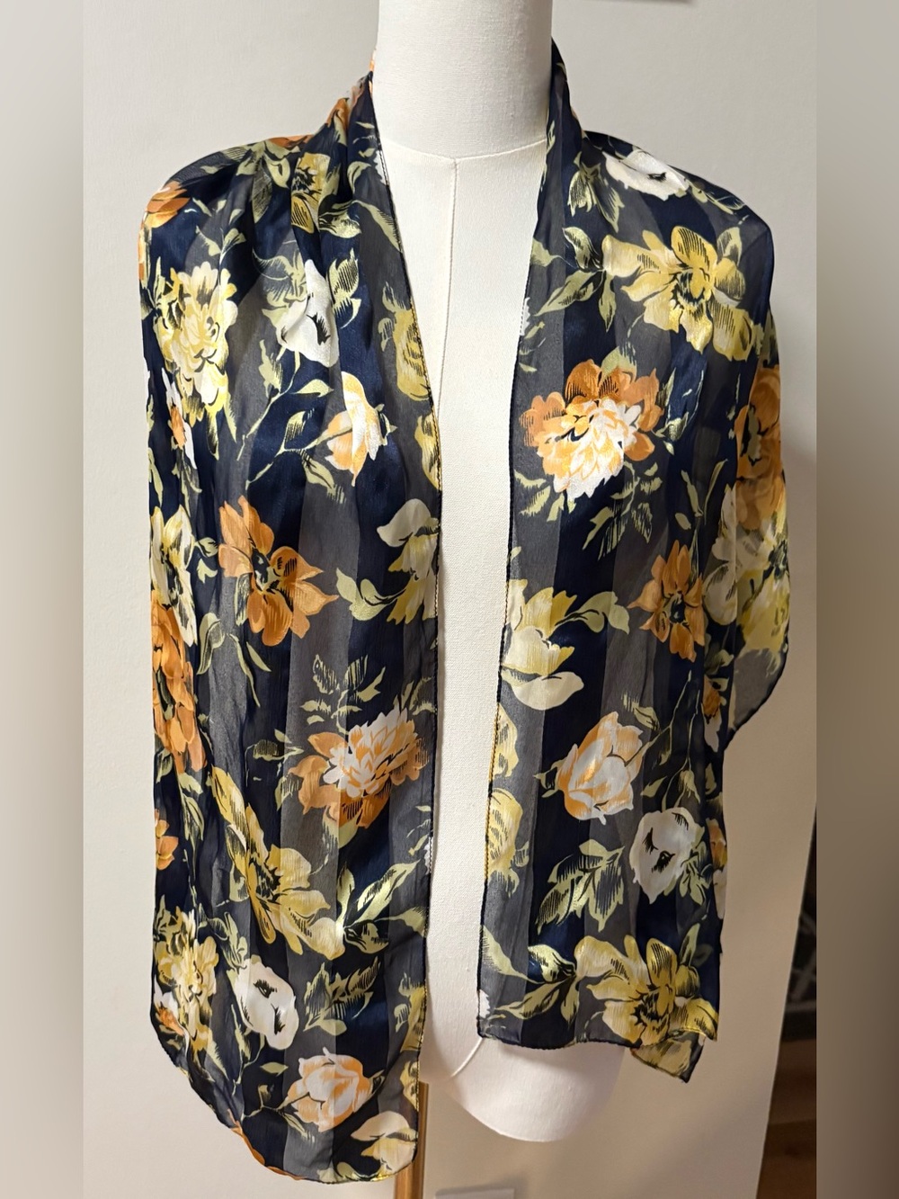 Jacquelyn Smith navy and floral pattern scarf with sheer and solid stripes